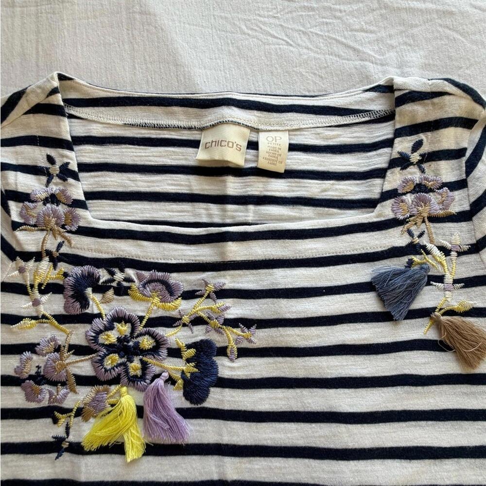 Chico’s Navy & White Striped Top with Floral Embroidery – Coastal Chic Style - Picture 4 of 7